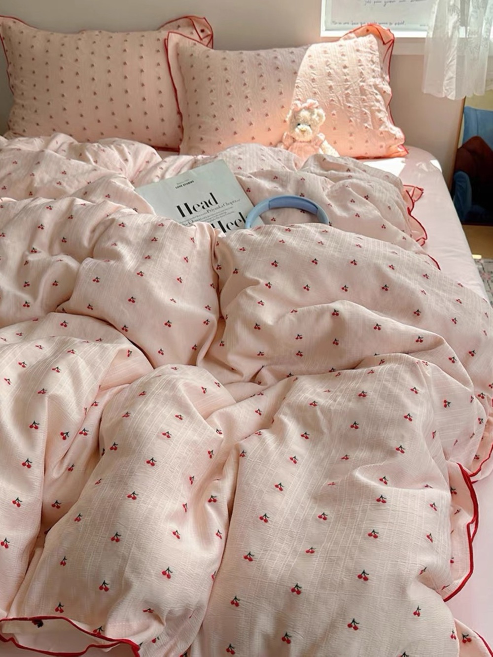 Soft Pink Embroidered Ruffle 4 Pieces Bedding Set with Red Trim - Picture 3 of 4